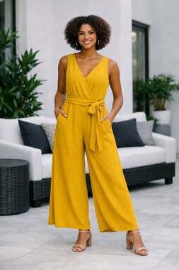Sienna Sky Mustard Yellow V-Neck Sleeveless Cropped Jumpsuit with Belt Size XS
